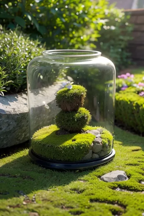 Garden Micro Landscape，Open transparent container，moss，Stone，House model，Shimmer，Clean background，Macro Photography，8k resolution，Picture ratio 5：3