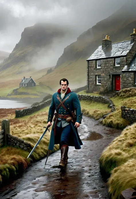 create a picture of Henry Cavill as Connor Mc Leod walking to a beautiful, cozy but eerie Bothy in a middle of nowhere at the misty Highland of Scotland, dragging his big long sword, torrential rain in winter afternoon, Don Lawrence photo realistic style