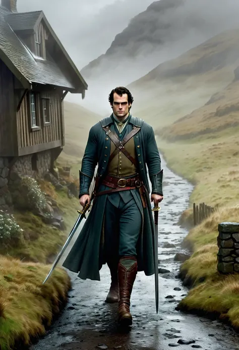 create a picture of Henry Cavill as Connor Mc Leod walking to a beautiful, cozy but eerie Bothy in a middle of nowhere at the misty Highland of Scotland, dragging his big long sword, torrential rain in winter afternoon, Don Lawrence photo realistic style