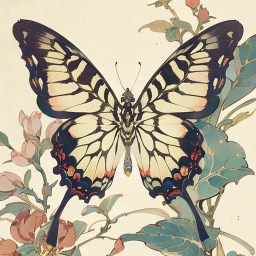 (masterpiece, best quality),ukiyoe, north american zebra swallowtail butterfly, depth of field, highest quality, ultra detail, a...