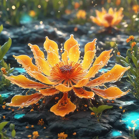 best quality, very good, 16K, ridiculous, Extremely detailed, Gorgeous slime flame flower，Made of translucent boiling lava, Background grassland（（A masterpiece full of fantasy elements）））， （（best quality））， （（Intricate details））（8k）