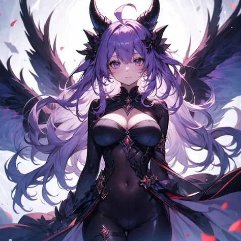 Night World, 1 ,,Purple Hair,Huge ahoge, Small breasts, White skin, Larger clothes,devil,Voluminous hairstyles,Expose,Looking down on