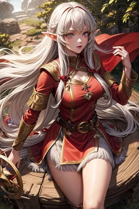 30 year old elf woman with long golden hair, long messy hairstyle with fringe, pointed elf ears, red medieval wizard clothes with gray eyes holding a bow with red gems, magic circle decorations, brown boots, brown leather belt , gem ornaments on forest bac...