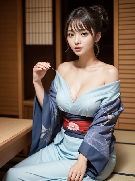 ((masterpiece))、Tabletop, highest quality, Photorealistic, In detail, High resolution, 8k wallpaper, Perfect dynamic composition, Beautiful fine details, ponytail:Japanese hairstyle, Beautiful breasts,Put your chest together、(Beautiful Japanese Kimono:Japa...