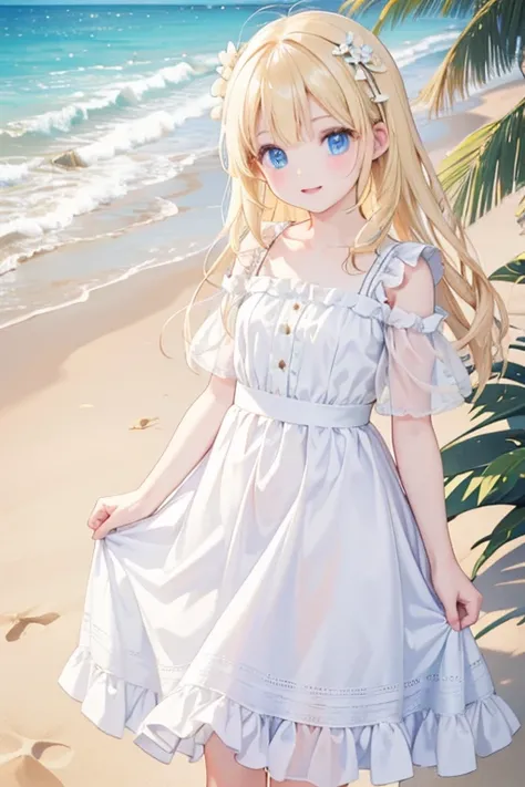 masterpiece, highest quality, High resolution, One 7-year-old girl、blue eyes、
Blonde、Vertical Roll、White dress、Stroll along the sandy beach