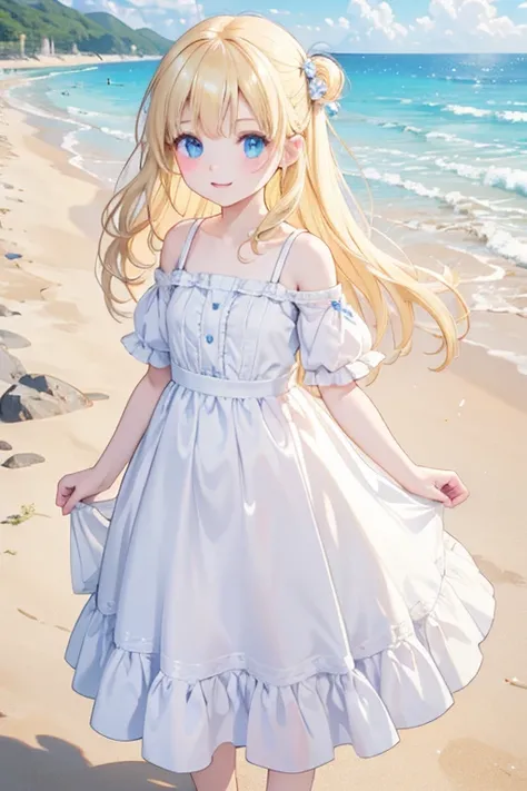 masterpiece, highest quality, High resolution, One 7-year-old girl、blue eyes、
Blonde、Vertical Roll、White dress、Stroll along the sandy beach