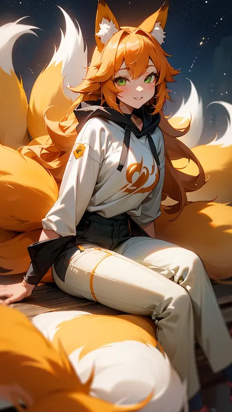 ((1girl, fox girl, kitsune girl, fox ears, animal ear fluff, fox tails, fluffy tails, large tails, nine tails, [tails attached to tailbone], kyuubi, kyuubi kitsune)), long hair, blonde hair, wavy hair, messy hair, (green eyes), green eyes, starry eyes, smi...