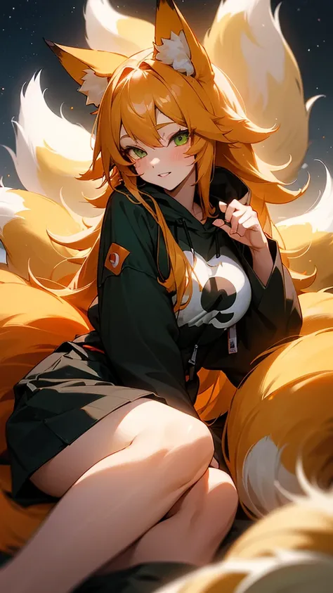 ((1girl, fox girl, kitsune girl, fox ears, animal ear fluff, fox tails, fluffy tails, large tails, nine tails, [tails attached to tailbone], kyuubi, kyuubi kitsune)), long hair, blonde hair, wavy hair, messy hair, (green eyes), green eyes, starry eyes, smi...