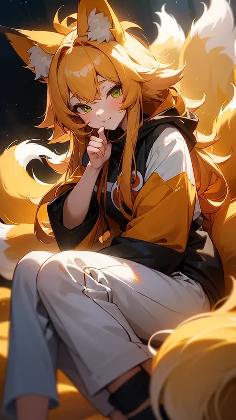 ((1girl, fox girl, kitsune girl, fox ears, animal ear fluff, fox tails, fluffy tails, large tails, nine tails, [tails attached to tailbone], kyuubi, kyuubi kitsune)), long hair, blonde hair, wavy hair, messy hair, (green eyes), green eyes, starry eyes, smi...