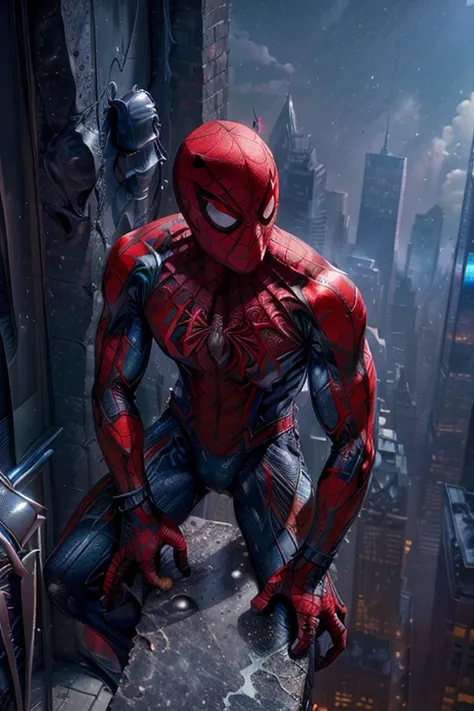 (masterpiece, high resolution, detailed:1.3), amidst the towering skyscrapers of new york city, a young ((spider-man)) perches, ...