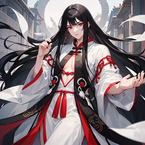 Beautiful young tall man, white complexion, red eyes, pointed ears, long, loose straight black hair, ancient Chinese clothing in gray, black and white colors with bamboos