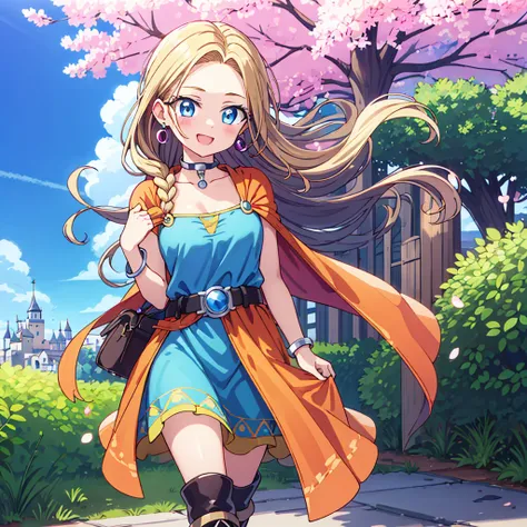 masterpiece,highest quality,High resolution,Very detailed,Bianca (Dragon Quest 5),blue eyes,Long Hair,Single Blade,Earrings,choker,Orange Cape,Green Dress,bracelet,belt,boots,(Wind lift:1.2),blush,(Embarrassing:1.2),Outdoor,Castle gardens,dance、High resolu...