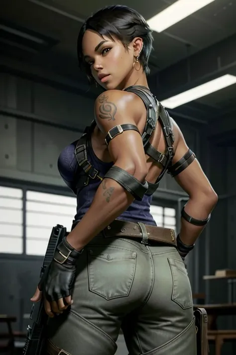 ShevaRE, 1girl, solo, weapon, gun, gloves, jewelry, fingerless gloves, handgun, earrings, short hair, ass, tattoo, holster, looking back, dark skin, pants, shoulder holster, realistic, black hair, dark-skinned female, blurry, armlet,  full body (NSFW breas...