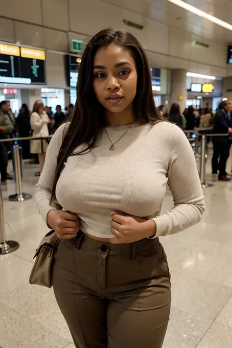 UHD,ultra high resolution, photo realistic 1.4  A glamorous young African american lady who is 26. She has long straight brown hair, dark carmel brown skin. Her eyes are hazel brown. Her body is chubby, curvy, plus size body. She is wearing a khaki pants a...