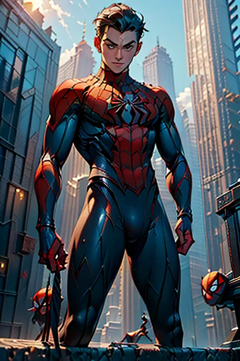 (masterpiece, high resolution, detailed:1.3), amidst the towering skyscrapers of new york city, a young ((spider-man)) perches, ...