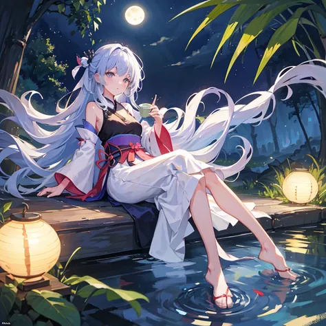 wallpaper, highly detailed, illustration, 1 girl, Azure hair, long hair, detailed eyes, full body, forest, bare shoulders, hanfu, lakes, pure, soft smile, bamboo, Tea, drinking tea, night time, starry sky, full moon, short hem
