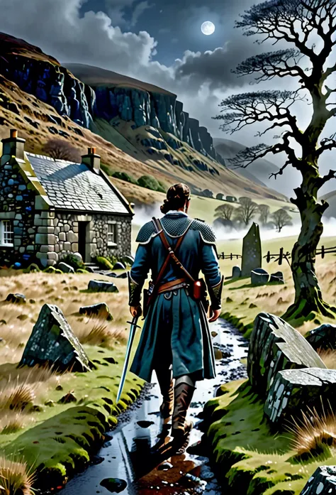 Henry Cavill as Connor McLeod looking battle-worn and determined, walking to a beautiful, cozy but eerie Bothy in the middle of nowhere at the misty Highland of Scotland, dragging his big long sword, torrential rain in winter afternoon, with ancient ruins ...