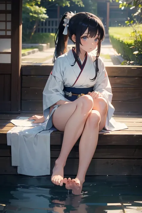 1girl,solo,cute,navy hair and long hair,ponytail,beautiful face,white kimono,bare foot,foot focus,footbath,from the front,sole,low angle