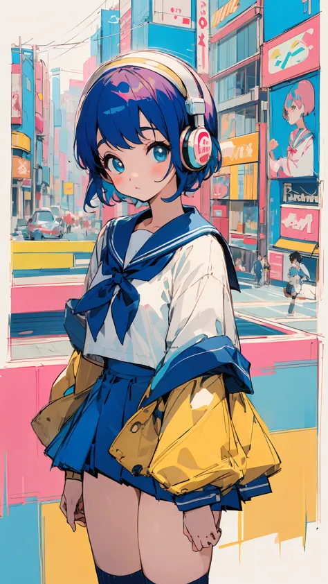 90s city pop art、city pop style、sketch style、lofi girl、beautiful school girl、8 head model、navy blue sailor suit、white sweater、mi...