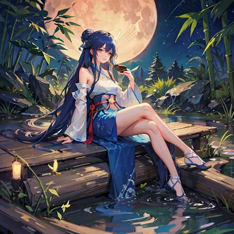 wallpaper, highly detailed, illustration, 1 girl, Azure hair, long hair, detailed eyes, full body, forest, bare shoulders, hanfu, lakes, pure, soft smile, bamboo, Tea, drinking tea, night time, starry sky, full moon, short hem