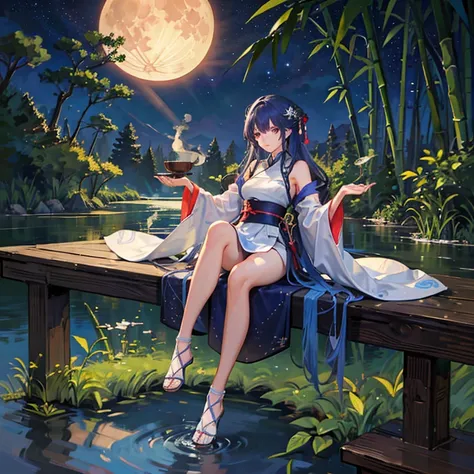 wallpaper, highly detailed, illustration, 1 girl, Azure hair, long hair, detailed eyes, full body, forest, bare shoulders, hanfu, lakes, pure, soft smile, bamboo, Tea, drinking tea, night time, starry sky, full moon, short hem