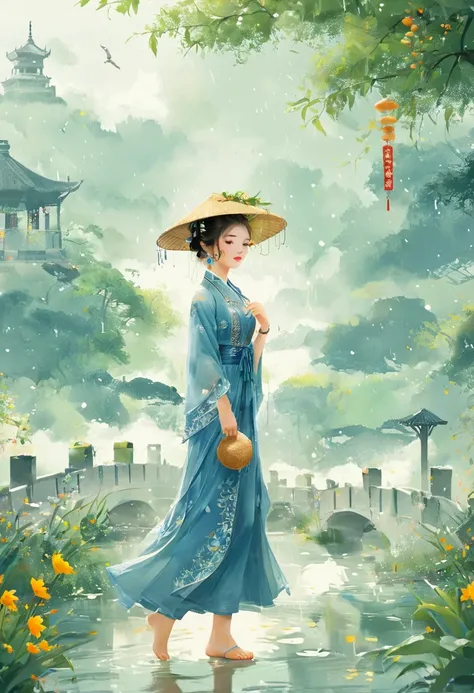 1girl, Cai GuoRUNs illustration style, Flat illustration style，Asian women in blue dress，With grass and hat，Walk elegantly on the Rococo-style bridge，full-body shot，Soft Light，Symmetrical composition，Romantic shades，Telephoto lens，Elegant action，Confident ...