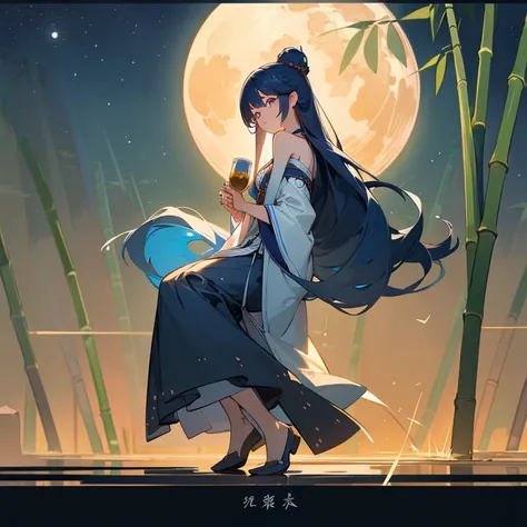 wallpaper, highly detailed, illustration, 1 girl, Azure hair, long hair, detailed eyes, forest, bare shoulders, hanfu, lakes, pure, soft smile, bamboo, Tea, drinking tea, night time, starry sky, full moon, full body