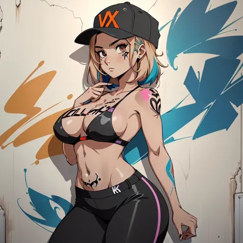 estilo anime, mujer grafitera, grafiti en la pared, desnuda contra la pared, gorra de lado, colores vivos, cabello rubio, buena figura, buenas curvas, tatuajes maxima calidad, ultra detallado, 8K, cuerpo entero