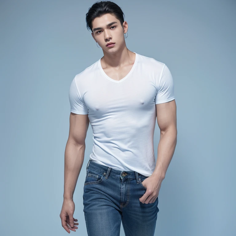 male, 20 year old boy, black eyes, slick back, wearing white long hand shirt clothes, blue jeans, Pectoral muscles, Wide shoulders , half body photo, walking, head facing the camera, (background: blue color empty background)