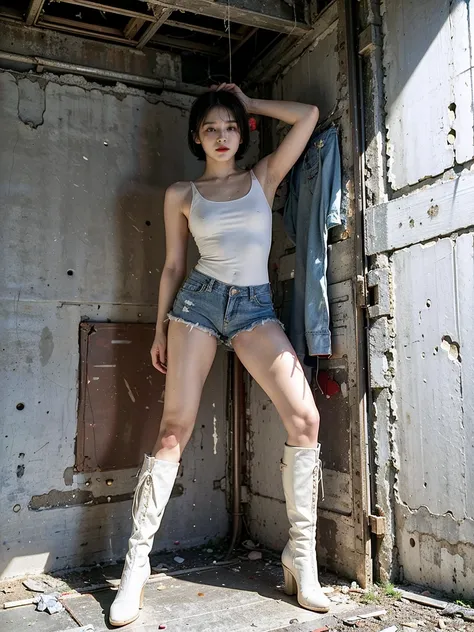 masterpiece,highest quality,High resolution,Full Body View,White jacket,Red innerwear,Belly button,Belted denim mini shorts,The heroine in white cowboy boots,Perfect Legs,Perfect Skin,Perfect Arms,Abdominal muscles,The background is an abandoned factory, s...