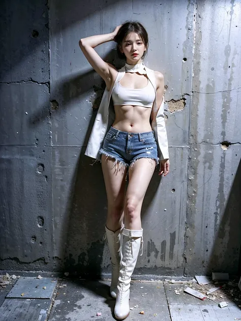 masterpiece,highest quality,High resolution,Full Body View,White jacket,Red innerwear,Belly button,Belted denim mini shorts,The heroine in white cowboy boots,Perfect Legs,Perfect Skin,Perfect Arms,Abdominal muscles,The background is an abandoned factory, s...