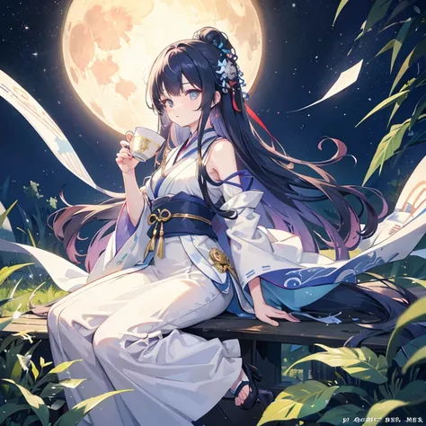 wallpaper, highly detailed, illustration, 1 girl, Azure hair, long hair, detailed eyes, forest, bare shoulders, hanfu, lakes, pure, soft smile, bamboo, Tea, drinking tea, night time, starry sky, full moon, full body