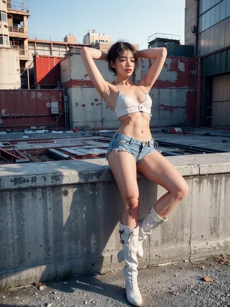 masterpiece,highest quality,High resolution,Full Body View,White jacket,Red innerwear,Belly button,Belted denim mini shorts,The heroine in white cowboy boots,Perfect Legs,Perfect Skin,Perfect Arms,Abdominal muscles,The background is an abandoned factory, s...