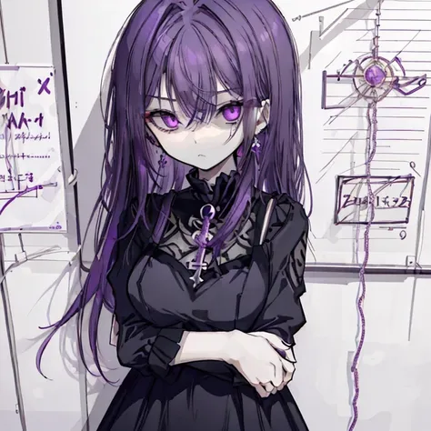 1 girl,Purple Hair,Long Hair,Sharp Eyes,Mature,Earrings,Black Dress,A disdainful look,look down,Don Pull,Cross your arms