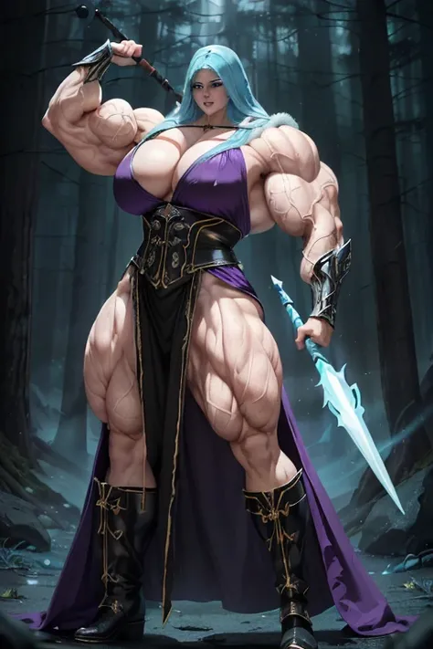 ((((Massive, tall, beautiful, buff, muscular pale white skinned woman mage with cyan hair, black lipstick, ginormous bulky muscles, holding a cyan mage staff and wearing a beautiful hooded black enchanted robe with gothic armor and long beautiful skirt))))...