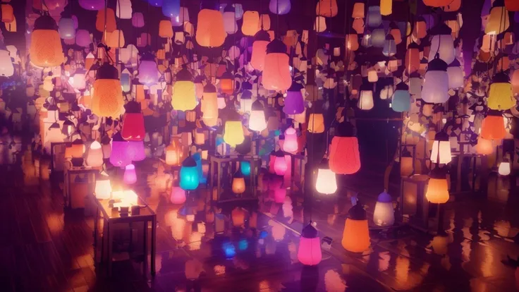 There are many lamps hanging from the ceiling, Glowing lamp, Floating light, Many glowing lights, Cinema 4D Colorful Rendering, Magical colors and atmosphere, Magical colors and atmosphere, teamlab, Soft Volume Light, Brilliant scattered light, Colorful la...