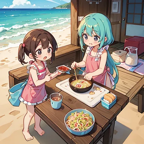 Girls making yakisoba at the beach house　Swimsuit and apron