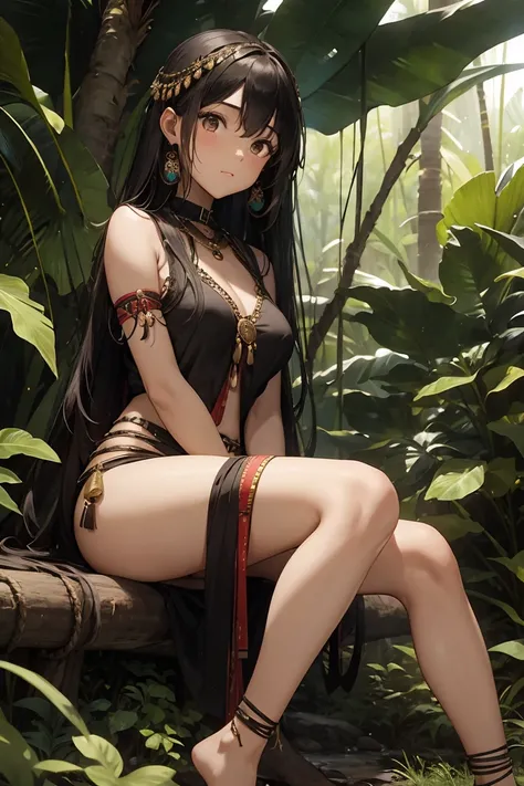 20 years old tribal girl,brown skin, long black hair, black eyes, tribal outfit, without shoes,  in the jungle