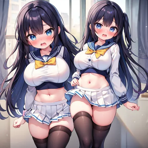 (8K、Best image quality、highest quality、masterpiece), (girl, cute eyes, sailor uniform, clothed), (huge breasts), (open mouth), (embarrassed),(Black knee socks),(Thighs),(Waistline),(midriff peek)