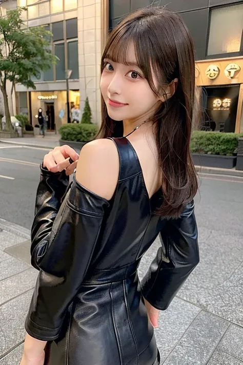 She is wearing a black leather jacket. She has a very beautiful back. Back view. Very beautiful butt. Model-like Japanese girlfriend. Japanese girl. The background is a hotel. She is wearing a tight black leather miniskirt. Very beautiful brown haired girl...