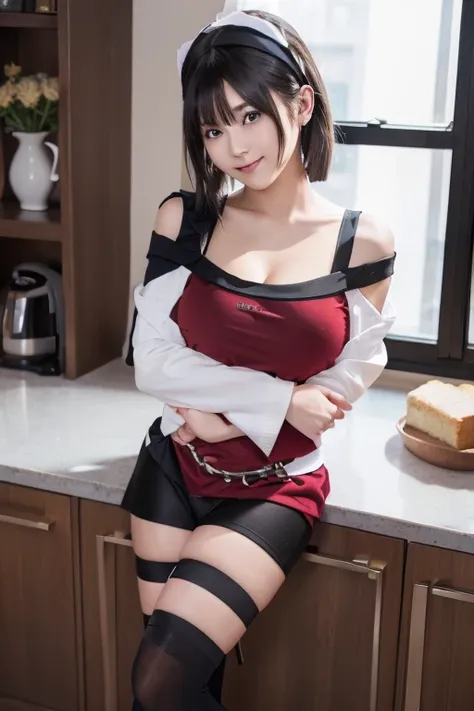 Adult Woman, masterpiece, 1girl, Amazing Cleavage:1.3, thin waist, big ass, Raised sexy, small breast:1.0,posed cleavage:1.2,solo, open mouth, have a cup of coffee,black hair, red eyes, dress, bare shoulders, jewelry, collarbone, sidelocks, hairband, earri...