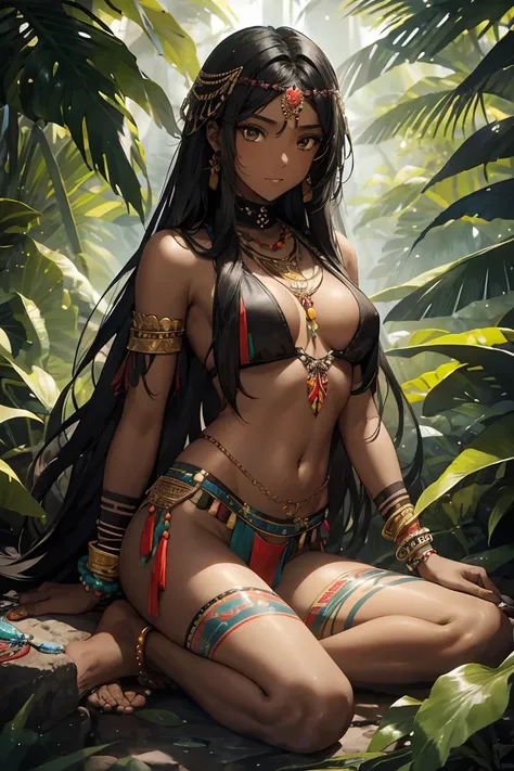 20 years old tribal girl,ebony skin, long black hair adorned with multiple colors feathers , black eyes, tribal outfit,bracelets and necklace showing connection with nature, tribal tattoos without shoes,  in the jungle