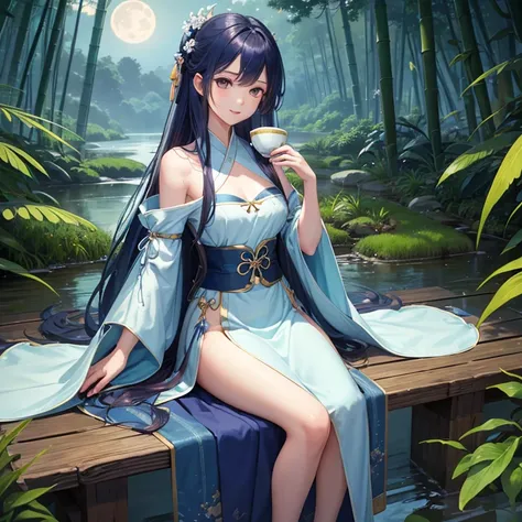 wallpaper, highly detailed, illustration, 1 girl, Azure hair, long hair, detailed eyes, full body, forest, bare shoulders, hanfu, lakes, pure, soft smile, bamboo, Tea, drinking tea, night time, starry sky, full moon, short hem