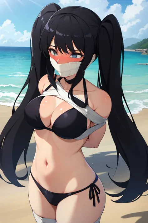 1 girl, Long black hair, Long twintails, hochgesteckte schwarze haare, improvisierter Knebel, Klebebandknebel, GEKNEBELT, Klebeband, festgebunden, Arms behind the back, gefesselte Arme, black Bikini, blushing, Tape gag, Standing, beach in the background