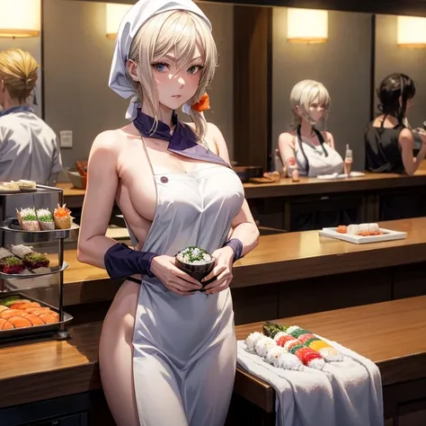 A blonde woman with a towel around her head holding sushi in a sushi restaurant　Wearing an apron