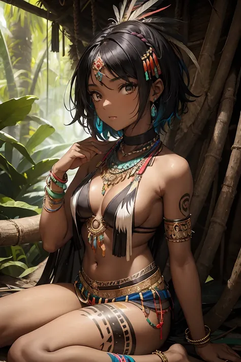 20 years old tribal girl,ebony skin, short black hair adorned with multiple colors feathers , black eyes, tribal outfit,bracelets and necklace showing connection with nature, tribal tattoos without shoes,  in rain forest brazil.