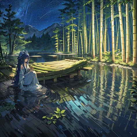 wallpaper, highly detailed, illustration, 1 girl, Azure hair, long hair, detailed eyes, full body, forest, bare shoulders, hanfu, lakes, pure, soft smile, bamboo, Tea, drinking tea, night time, starry sky, full moon, short hem