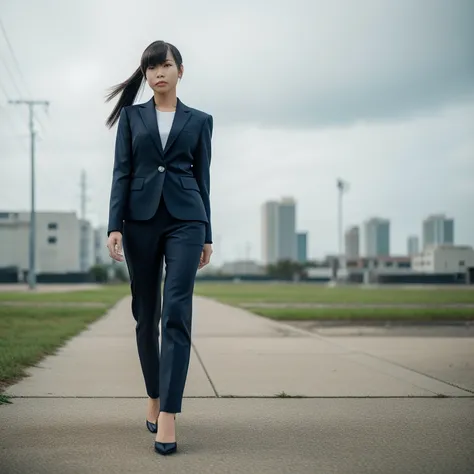 風が吹いている中、空き地を歩くパンツスーツ姿の女性