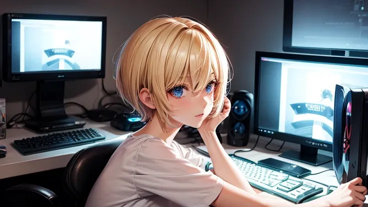 Blonde woman, short hair, gamer playing on her PC with her gamer room, concentrated on her PC, anime style