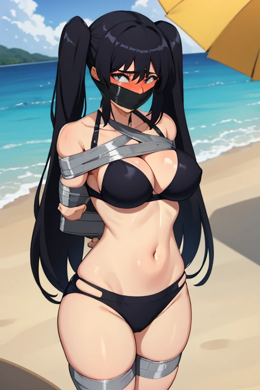 lots of girls, Long black hair, Long twintails, hochgesteckte schwarze haare, improvisierter Knebel, Klebebandknebel, GEKNEBELT, Klebeband, festgebunden, Arms behind the back, gefesselte Arme, black Bikini, blushing, Tape gag, Standing, beach in the backgr...